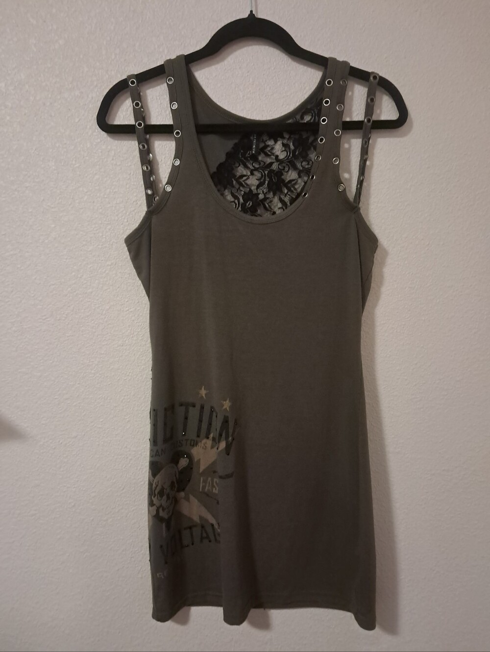 Affliction Black Premium Bodycon Skull Heart Lace Eyelets Sexy Mini Dress L 🫦🔥
